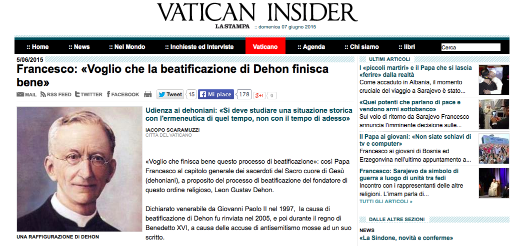 “Vatican Insider” writes about Pope Francis’ words to the Dehonians